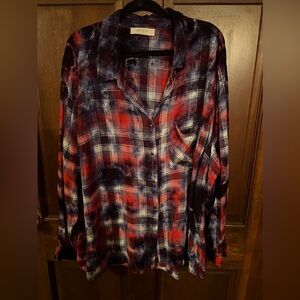 Red, white and blue abstract plaid button down shirt